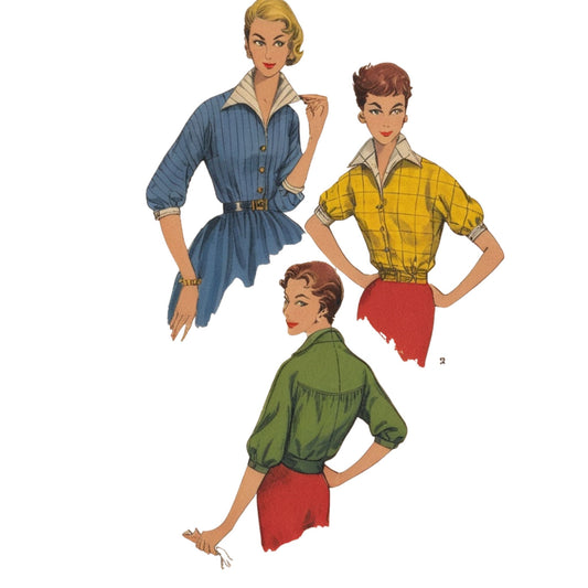 Vintage-style illustration of three women wearing colorful outfits on a white background