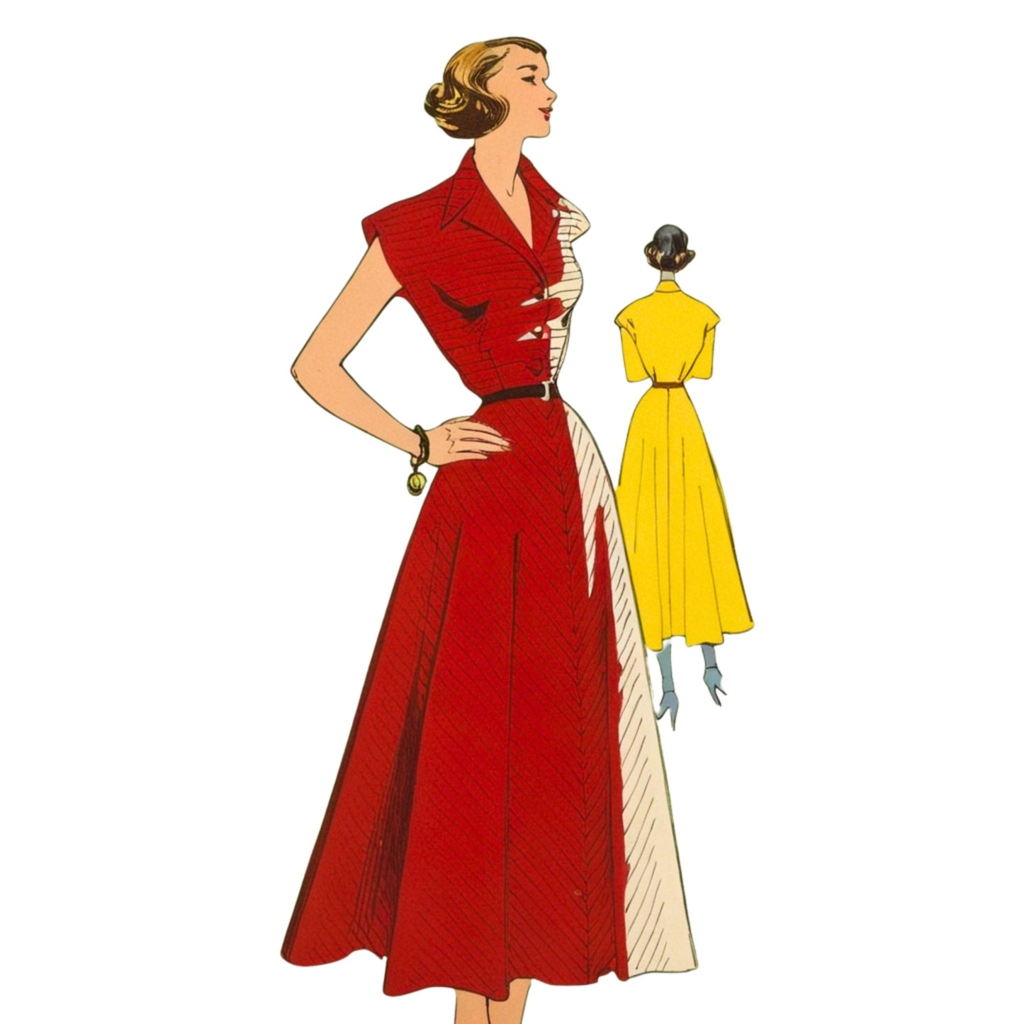 Illustration of a woman wearing a red dress with a smaller inset of a yellow dress.