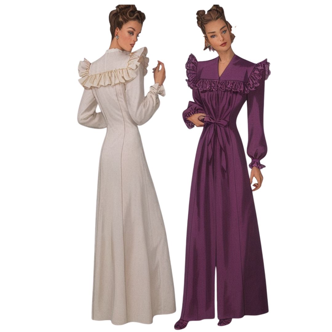 Two women wearing vintage-style dressing gowns on a white background