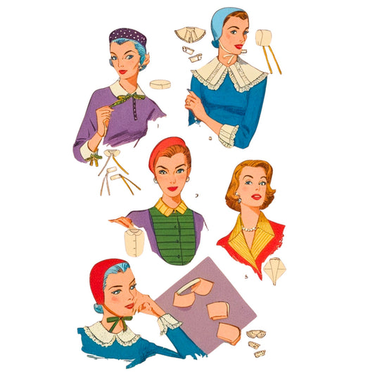 Set of vintage-style paper dolls with colorful outfits and accessories on a white background.