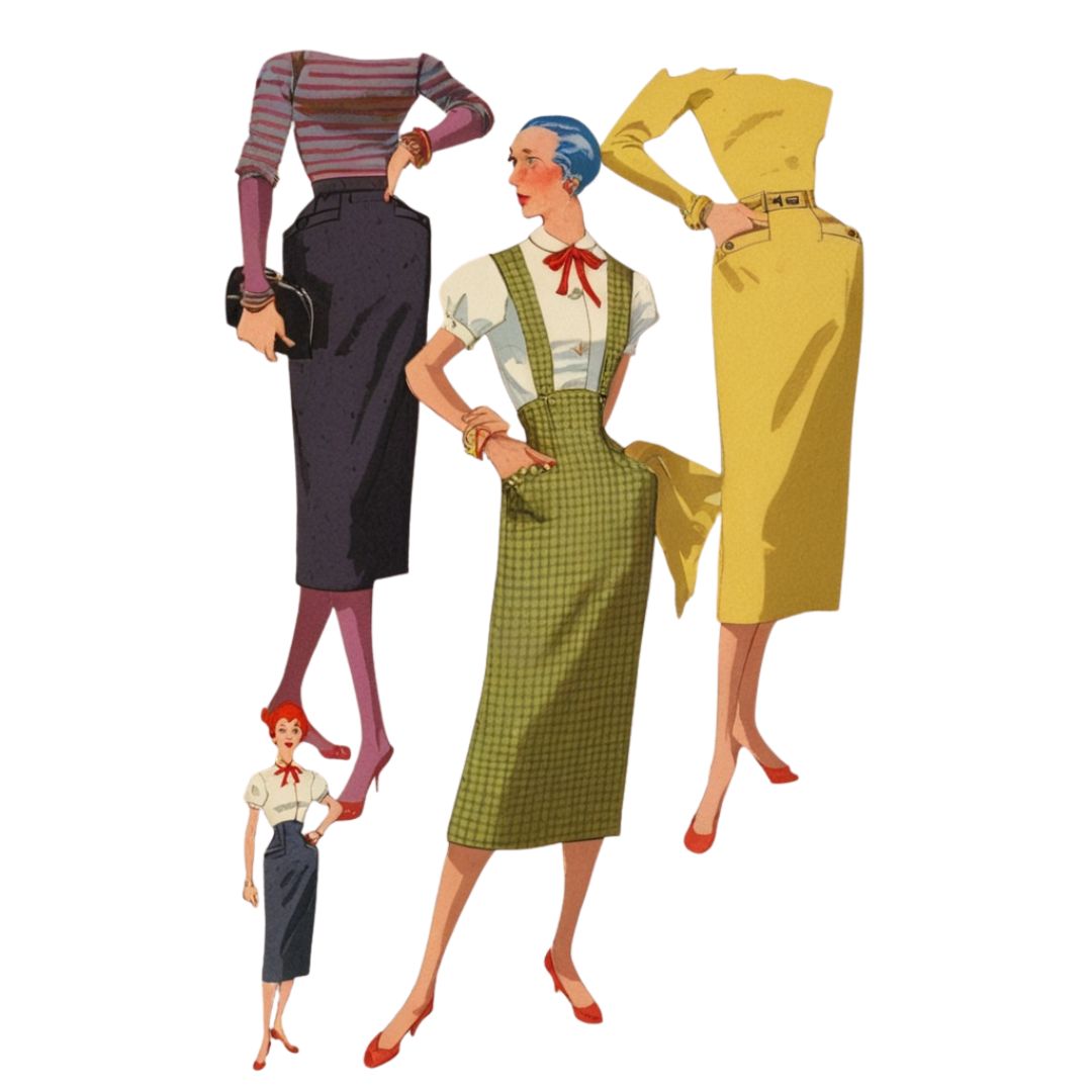 Illustration of four women in vintage-style outfits on a white background