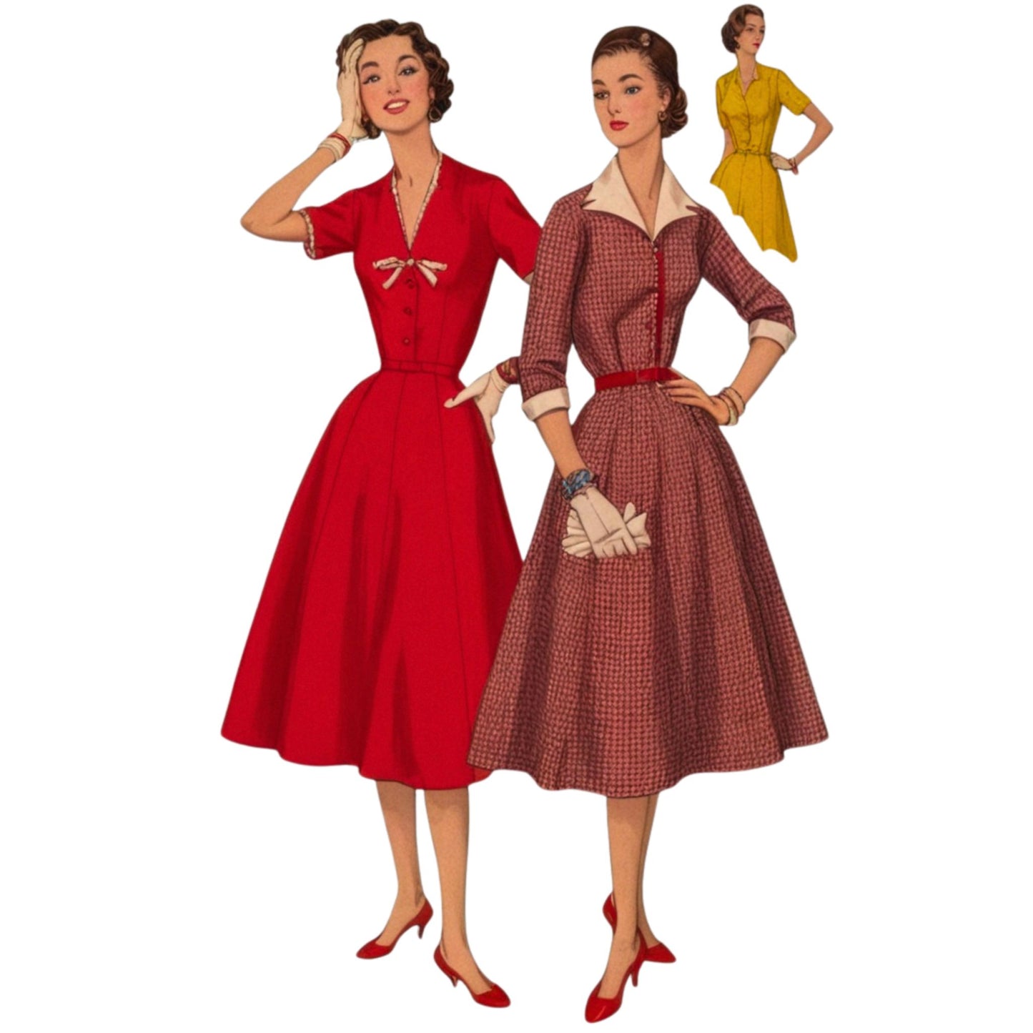Illustrations of two women wearing vintage dresses on a white background