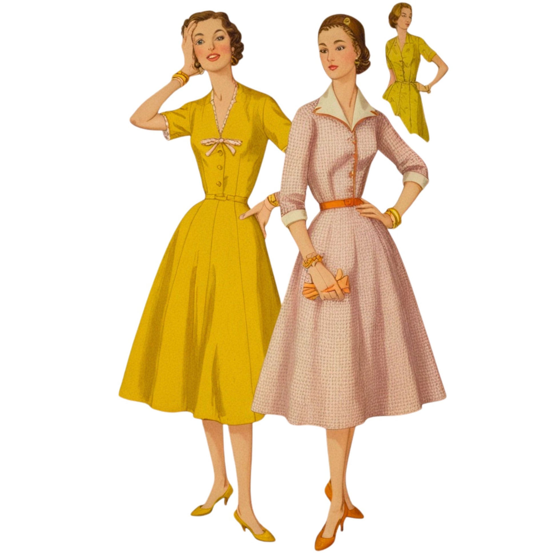 Illustration of two women wearing vintage dresses on a white background