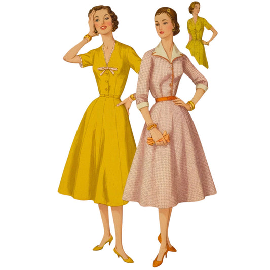 Illustration of two women wearing vintage dresses on a white background