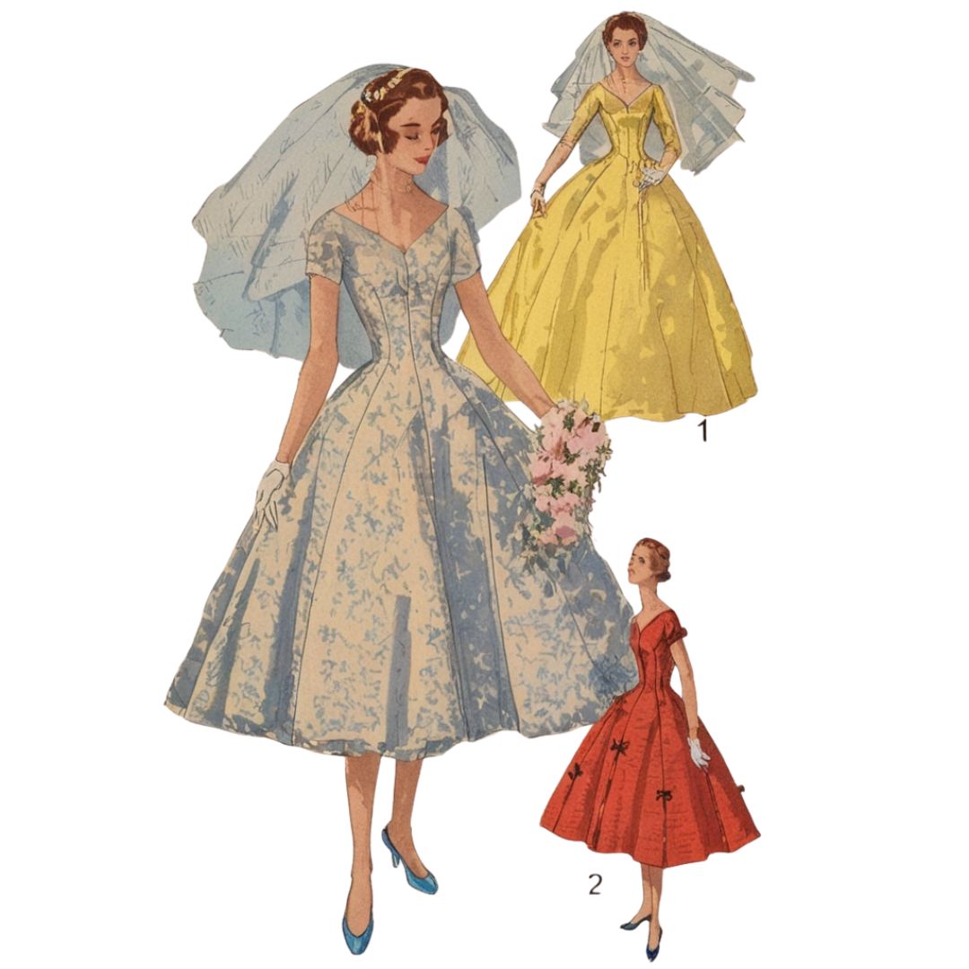 Three vintage-style wedding dresses on a white background