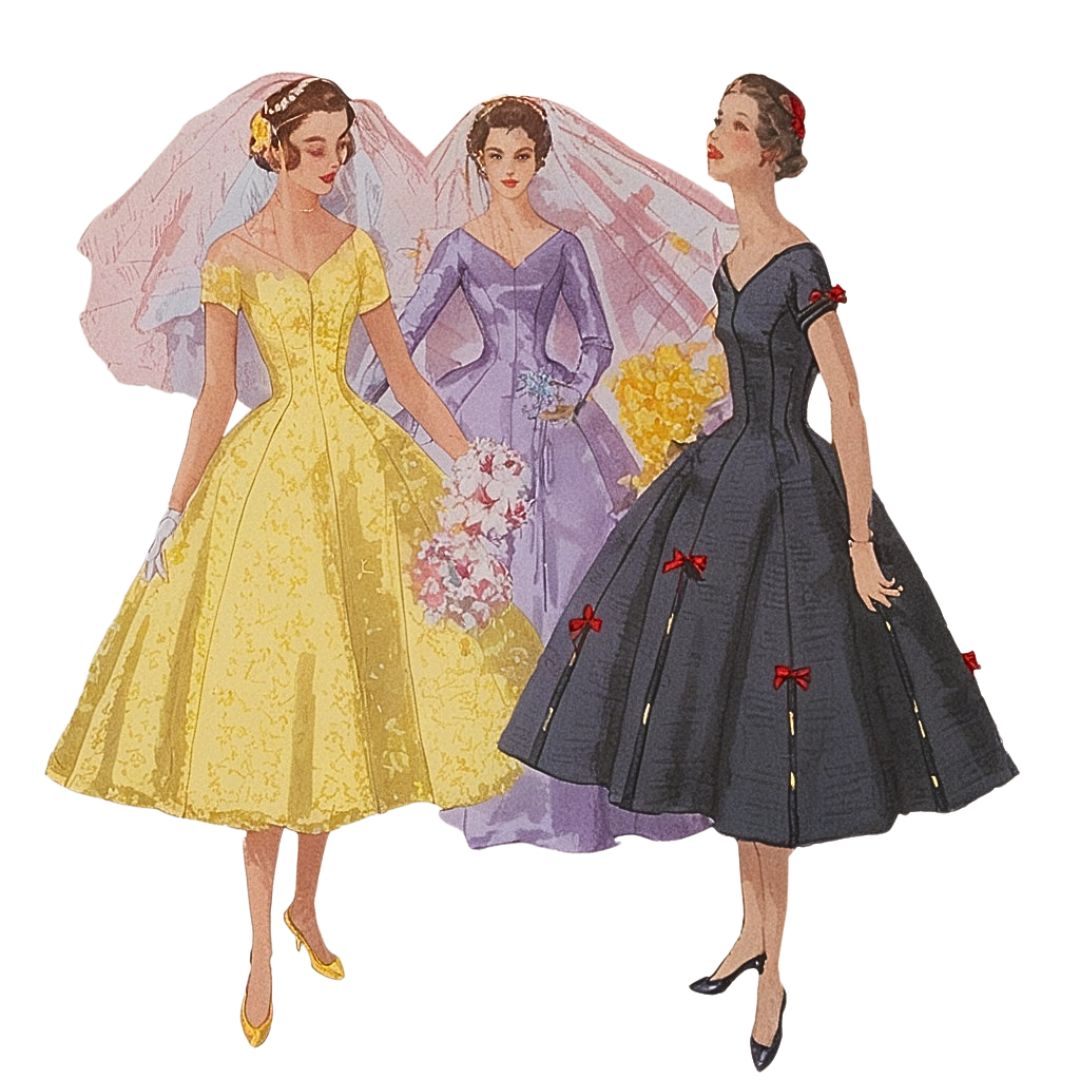 Women wearing three vintage-style dresses with a white background