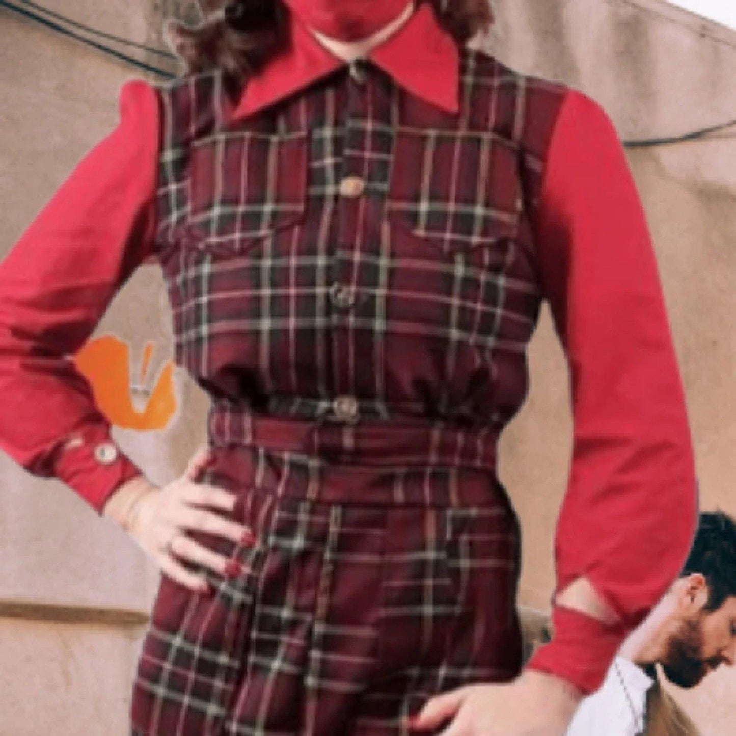 Woman wearing 1940s lumberJill jacket