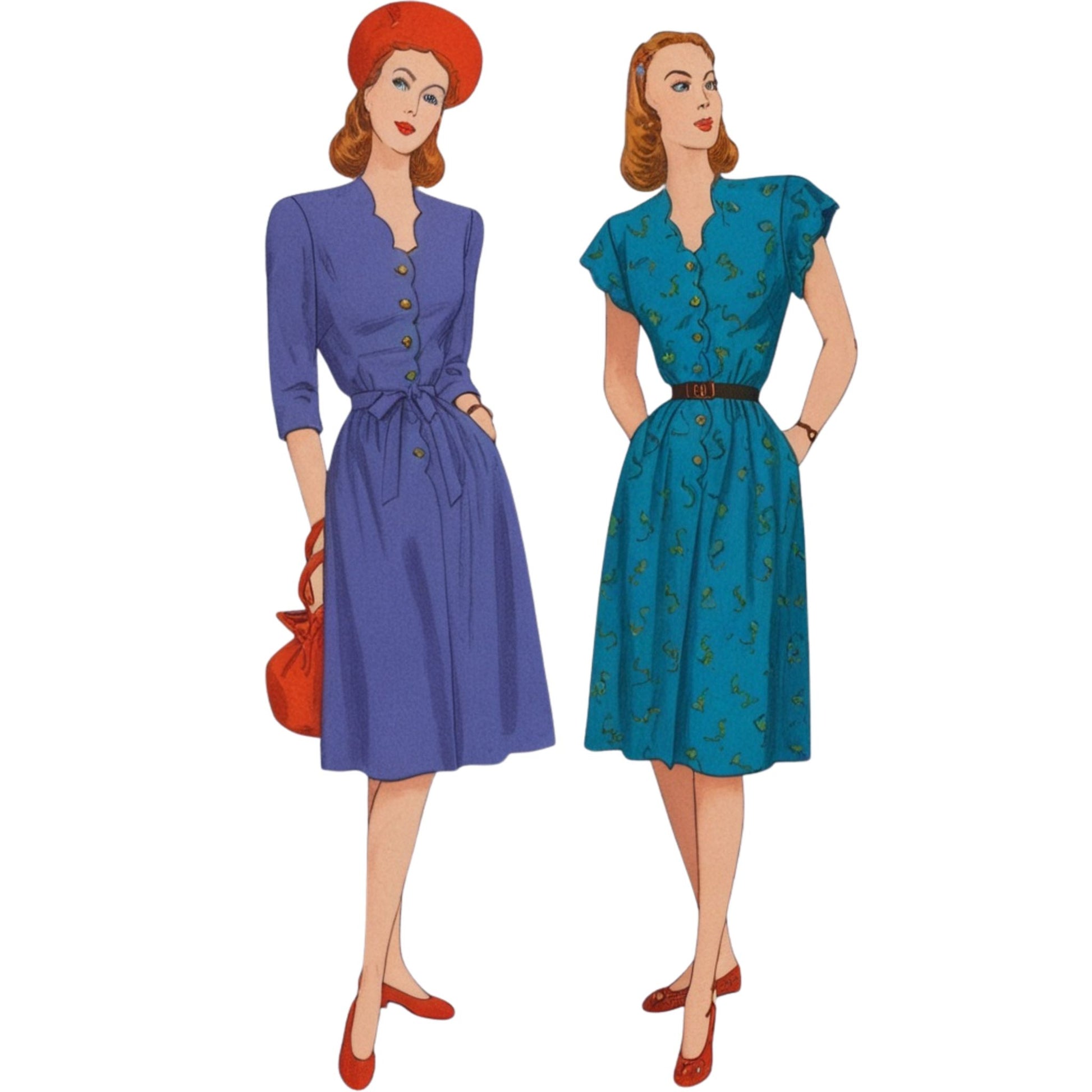 Two women wearing vintage-style dresses on a white background