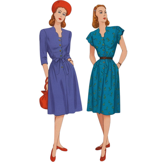 Two women wearing vintage-style dresses on a white background