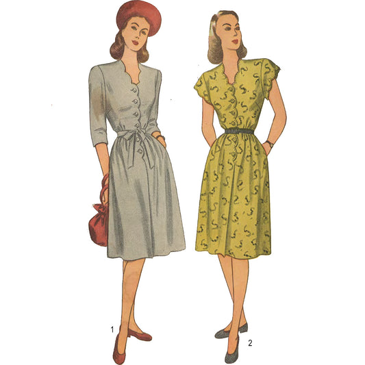 Women wearing 'Scalloped Front Tea Dress'. Left, women wearing long sleeve (View 1) in grey. Right, women wearing short sleeve dress (View 2) in yellow.