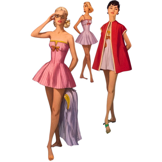 Three vintage-style women in different outfits on a white background