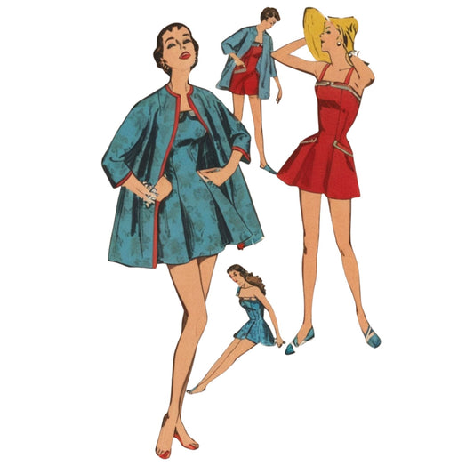 Vintage-style illustration of women wearing blue and red dresses on a white background
