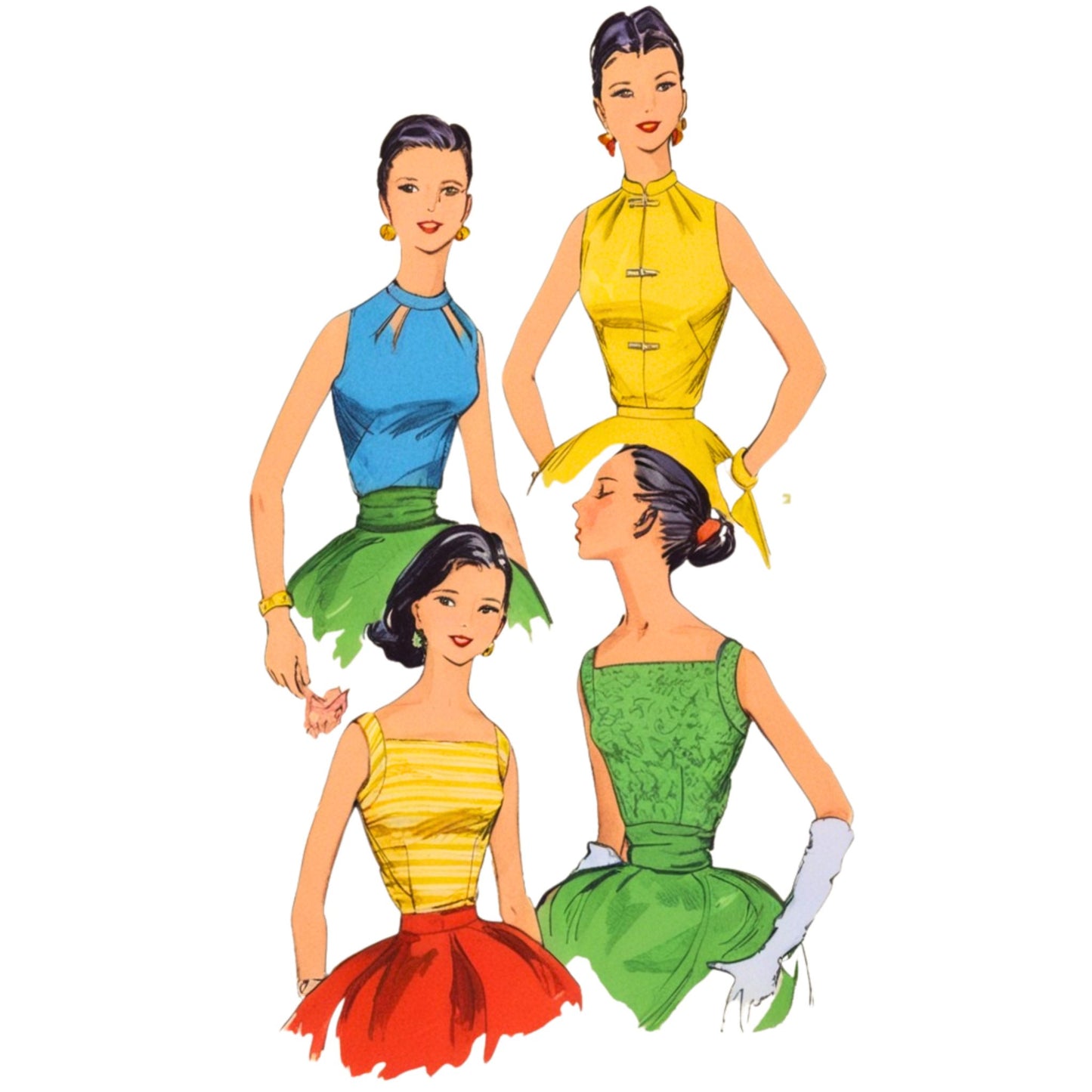 Four vintage-style women in colorful dresses on a white background