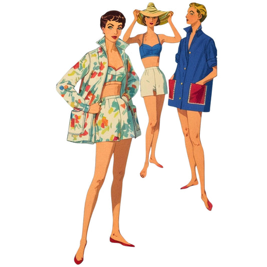 Illustration of three women in vintage beachwear on a white background
