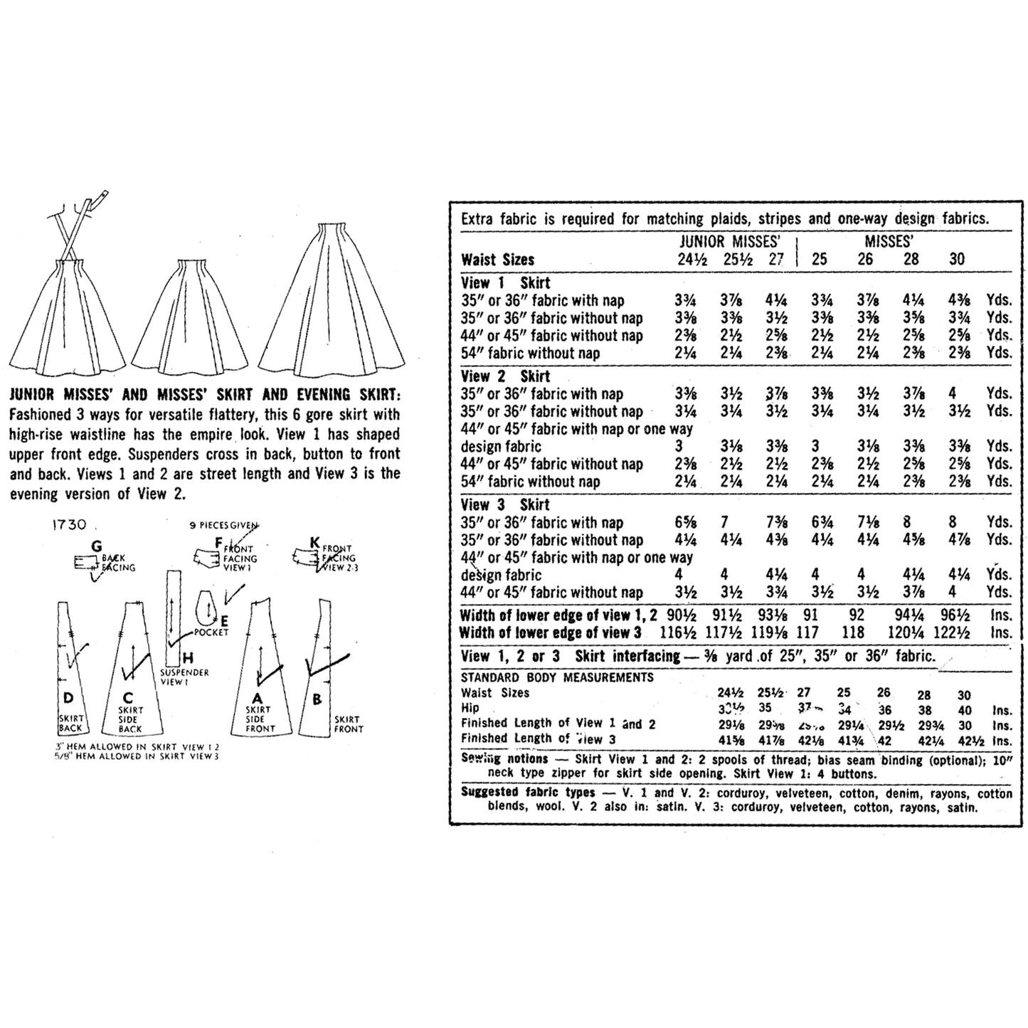 A black-and-white printed garment measurement chart with line drawings of children's outfits, size tables, and fabric/length measurements for junior misses, misses, and evening skirts.