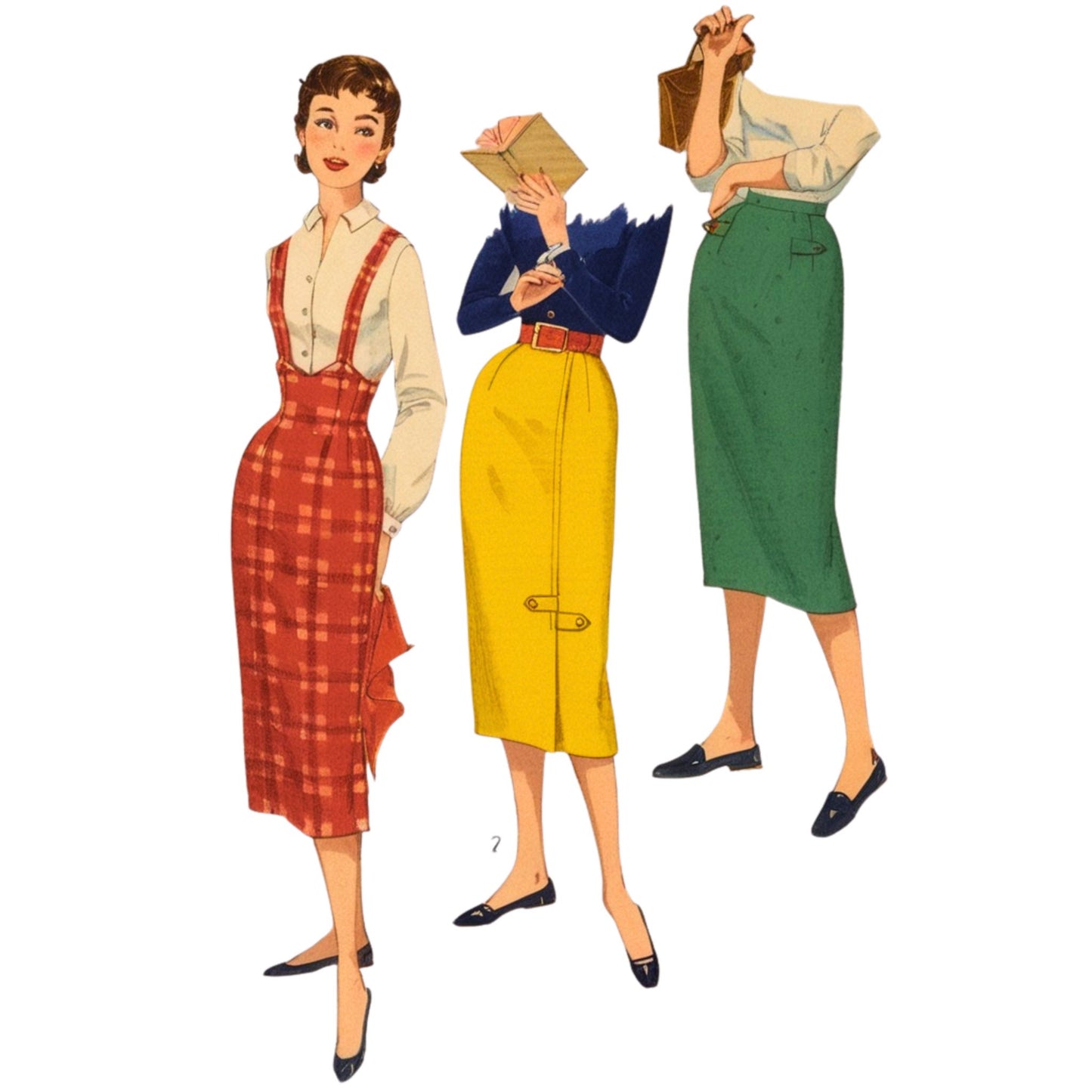 Three women in vintage-style outfits with plaid dress, yellow skirt, and green skirt on a white background.