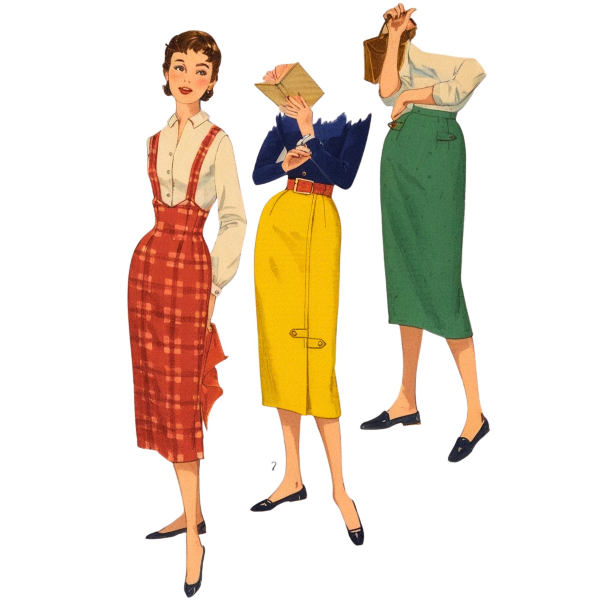 Three women in vintage-style outfits with plaid dress, yellow skirt, and green skirt on a white background.