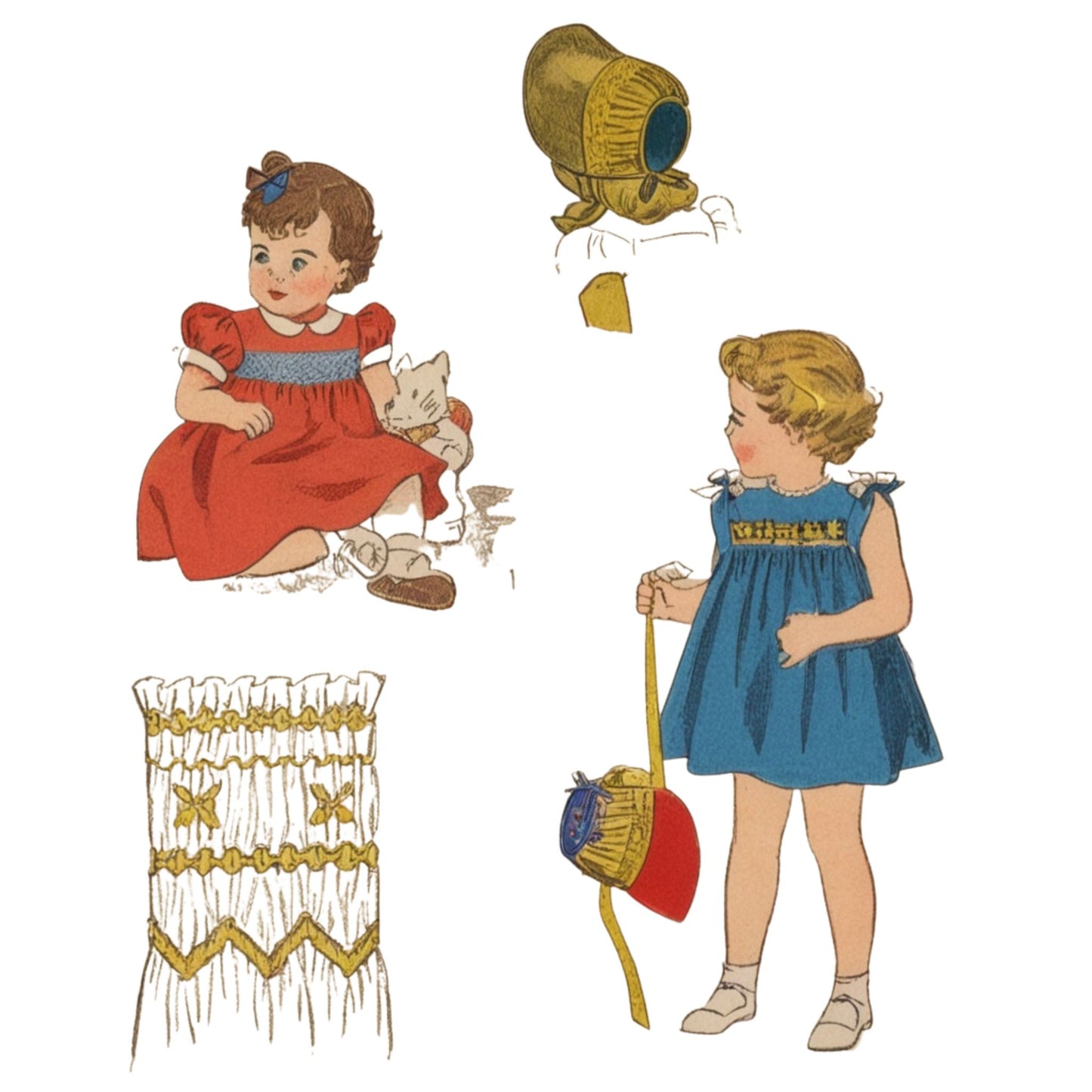 Illustration of two children in dresses with accessories on a white background