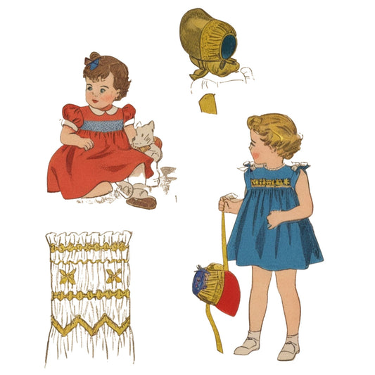 Illustration of two children in dresses with accessories on a white background