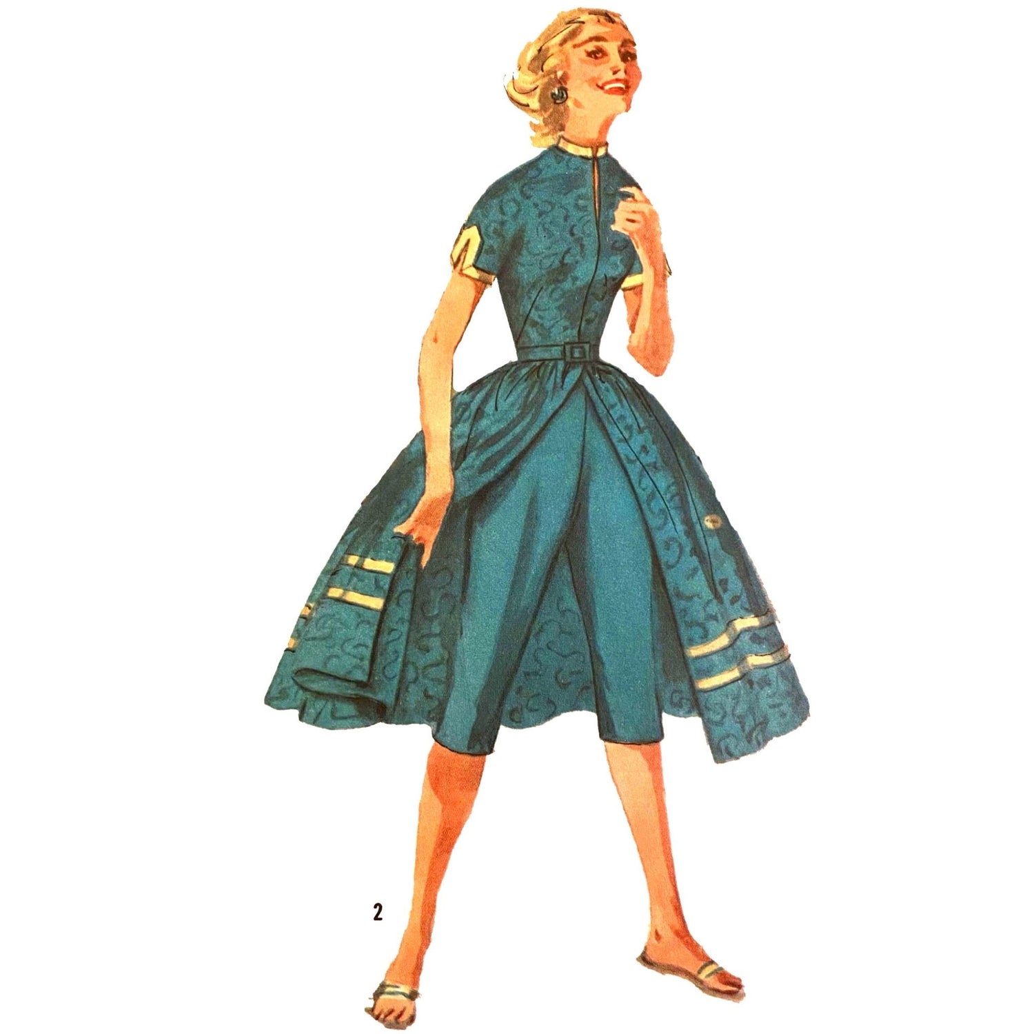 Model wearing 1950s pants in two lengths, blouse and overskirt made from Simplicity 1812 pattern