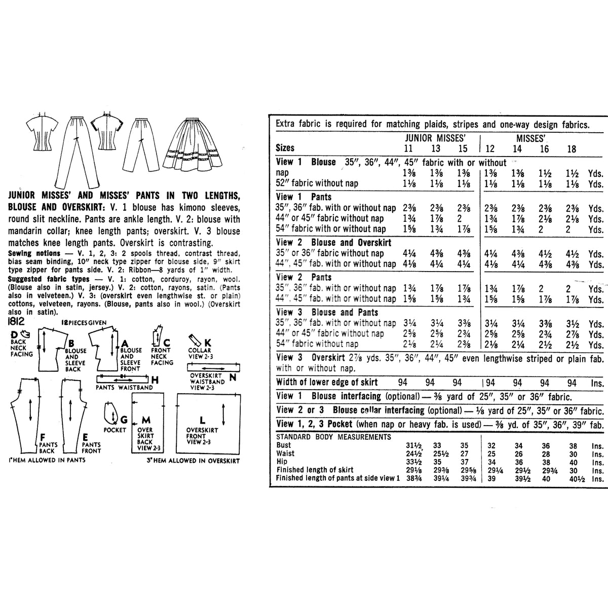 A printed sewing pattern page with size and yardage tables for Junior Misses and Misses pants, blouse and overskirt. Plus diagrams and fabric measurements, shown on a white background.