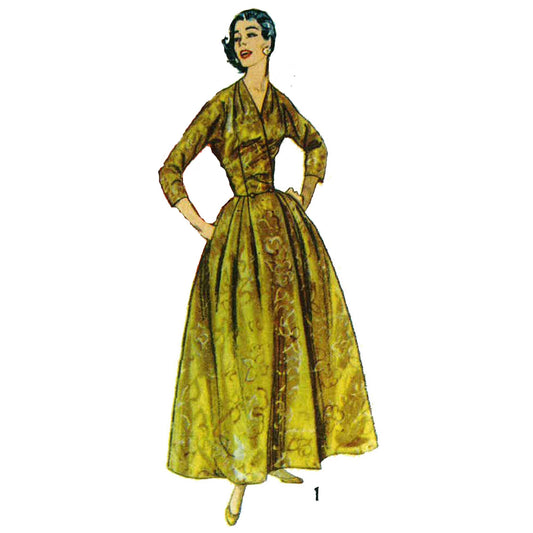 Model wearing 1950s housecoat and house dress in two lengths made from Simplicity 1819 pattern