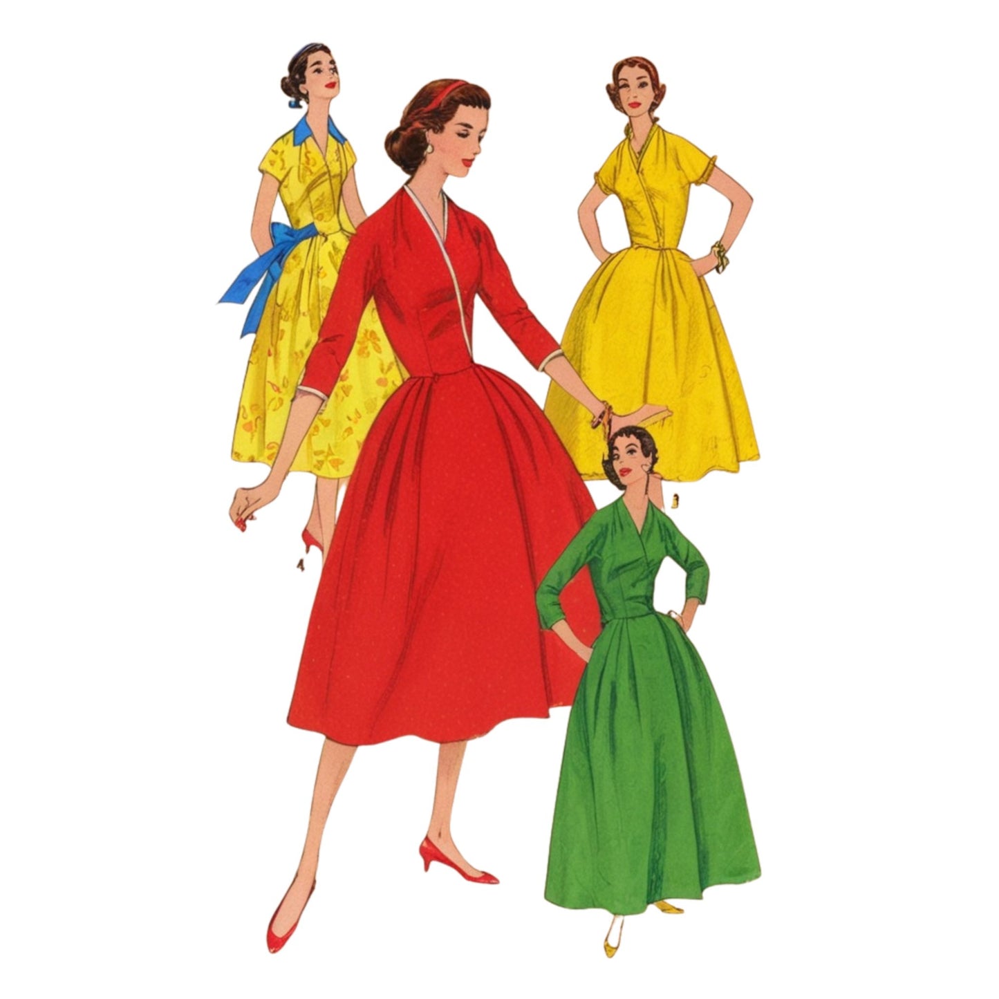 Four women in vintage-style dresses in red, yellow, and green on a white background