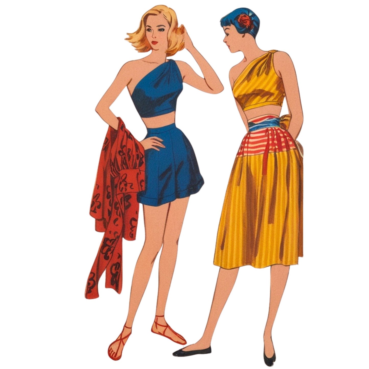 Illustration of two women wearing vintage-style outfits on a white background