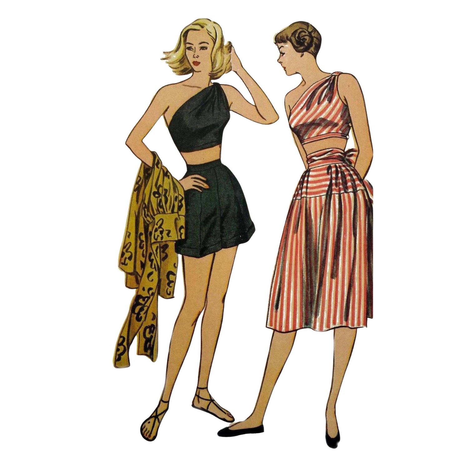 Illustration of two women wearing vintage outfits with a white background