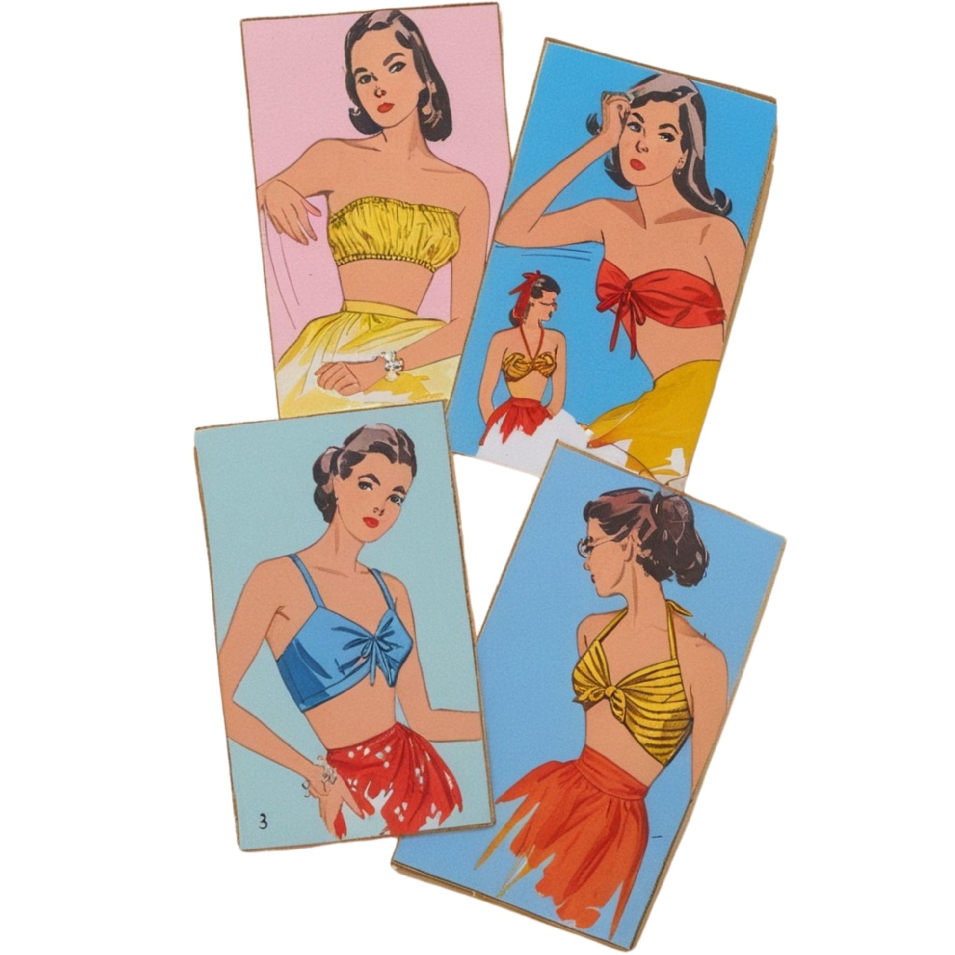 Four vintage-style cards featuring women in colorful swimsuits on a white background