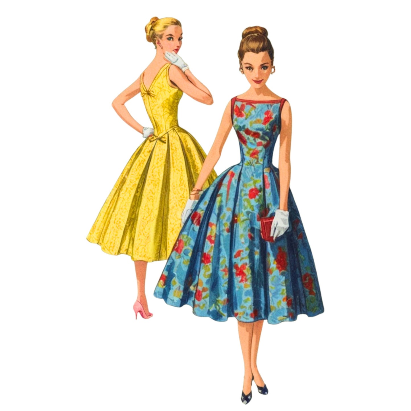 Two women in vintage-style dresses on a white background