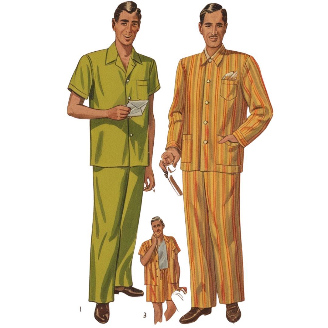 Illustration of two men wearing matching pajama sets with a smaller version of the pajamas.