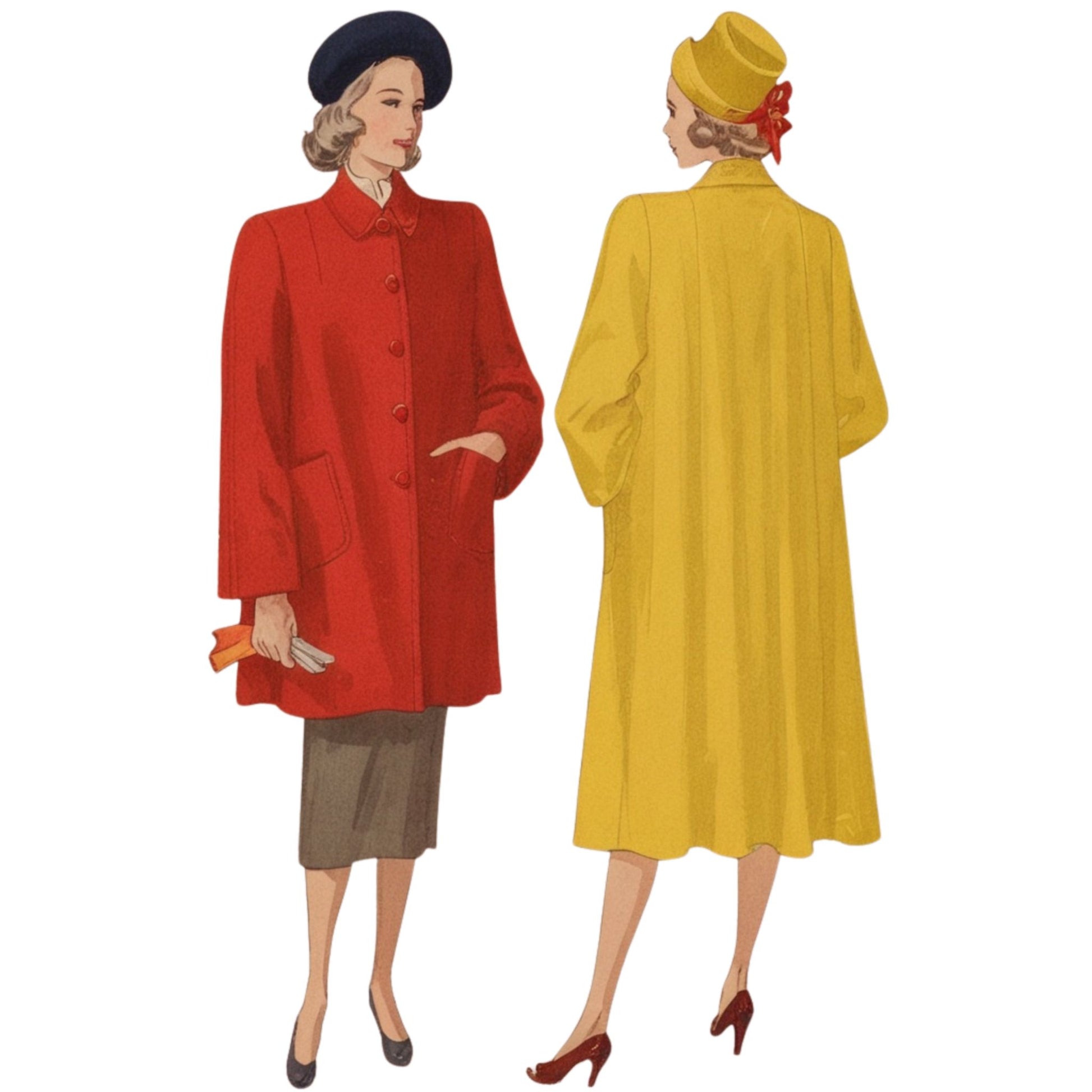 Two women wearing vintage-style red and yellow coats on a white background