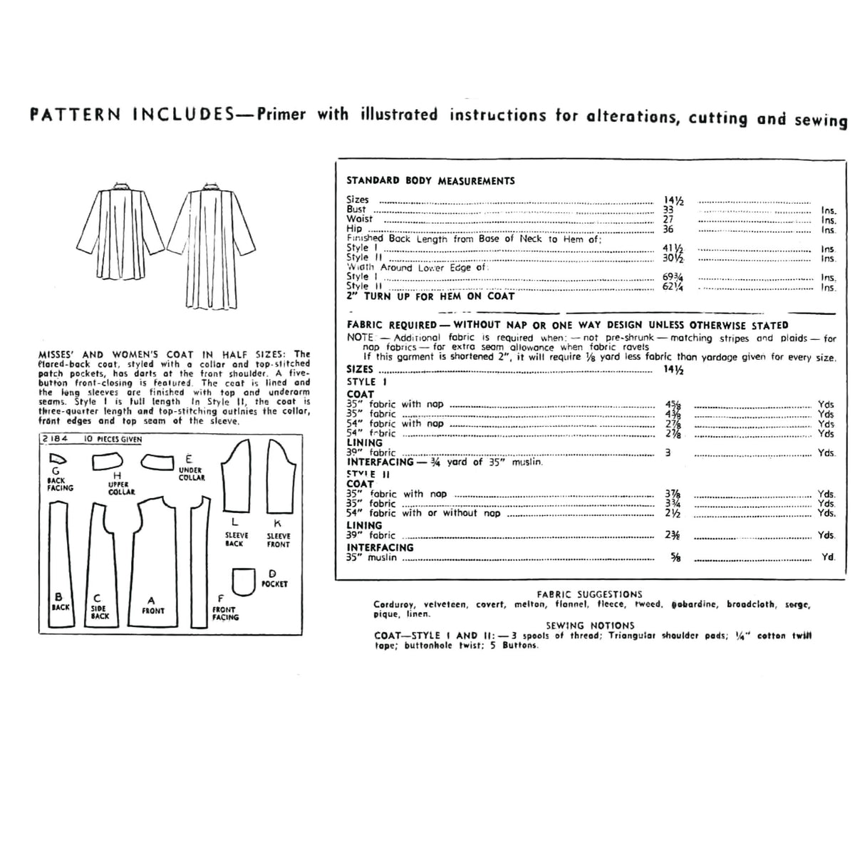 Back of sewing pattern cover Simplicity 2184