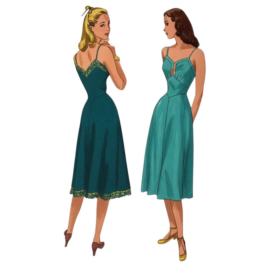 Two women wearing teal dresses, one facing away and one facing forward, on a white background.
