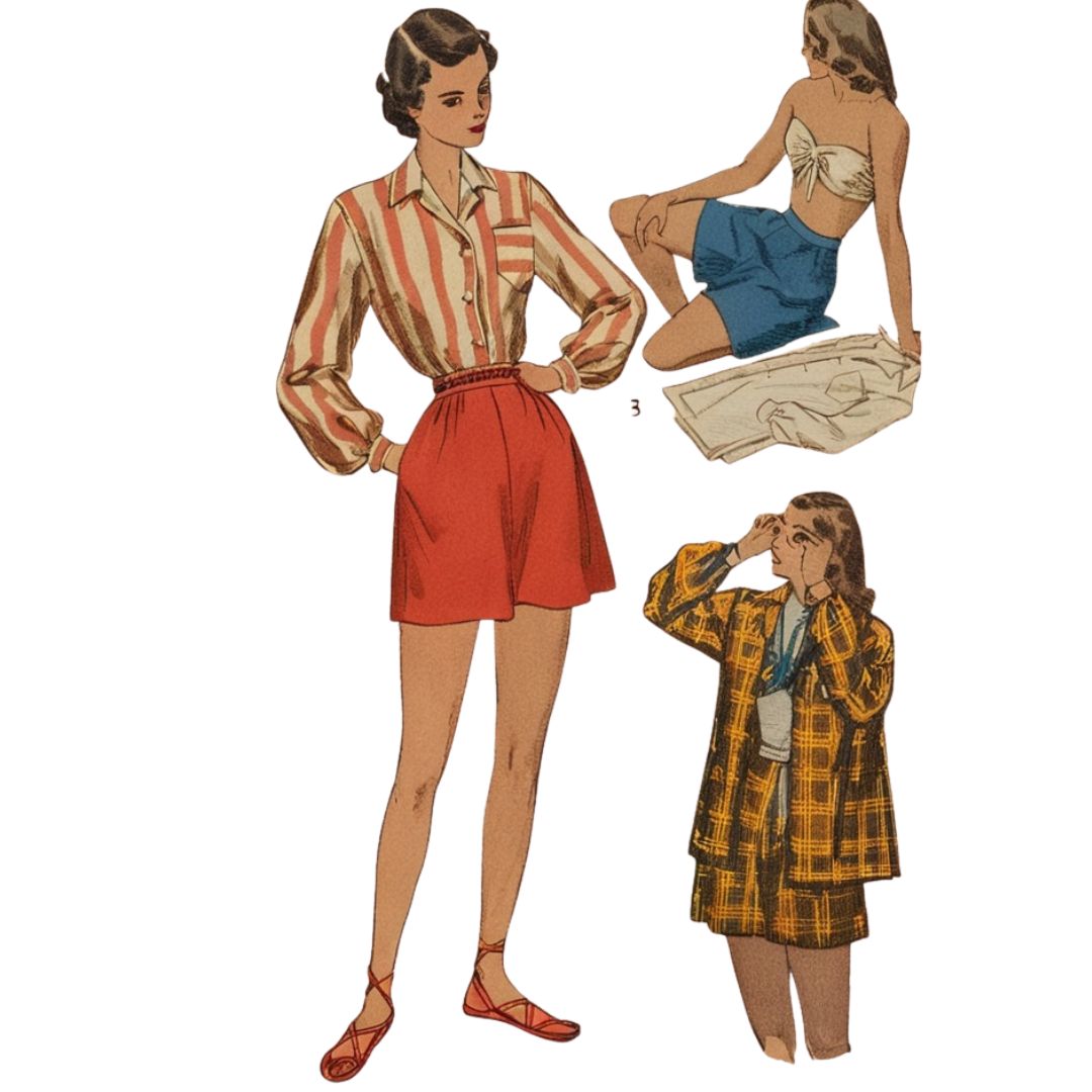 Vintage illustration of a woman in a striped shirt and red shorts, a child in a plaid outfit, and a pattern piece on a white background.
