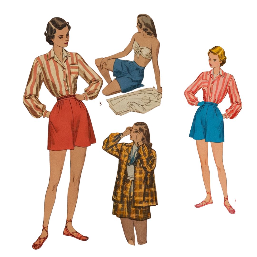 Vintage fashion illustration of women in different outfits on a white background