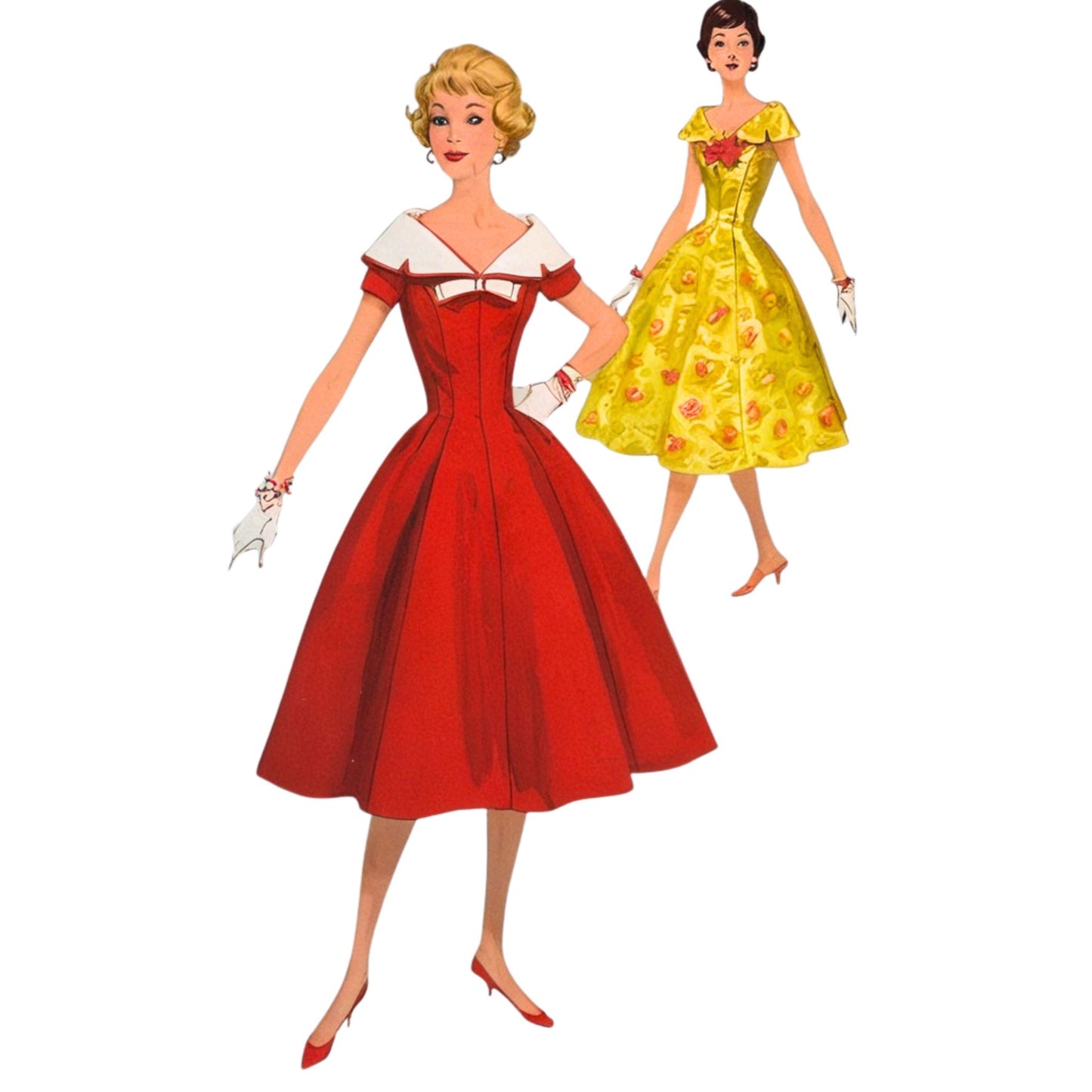 Two vintage-style dresses worn by illustrated women on a white background