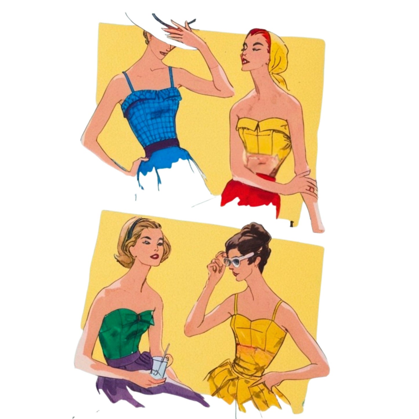 Illustrations of women in vintage-style dresses on a yellow background