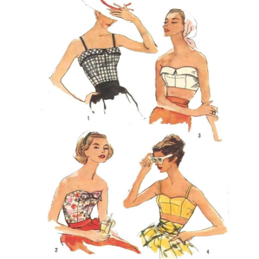Patrón de costura de los años 50: sujetadores Tiki, blusas cortas y corpiños - Tallas múltiples, 33"-43,5" (84 cm - 110,5 cm)