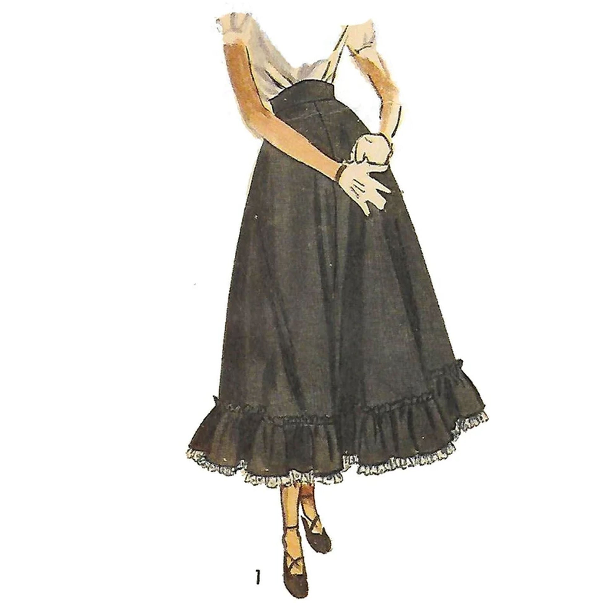 Model wearing 1940s teen-age skirt in daytime and ballerina lengths made from Simplicity 2609 pattern