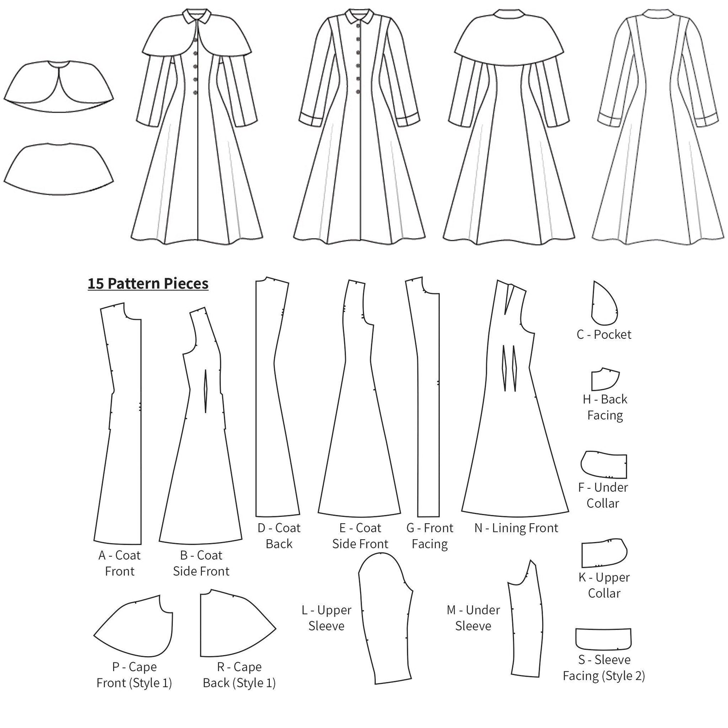 1940's Clara Cape Coat with Detachable Cape - lined drawings