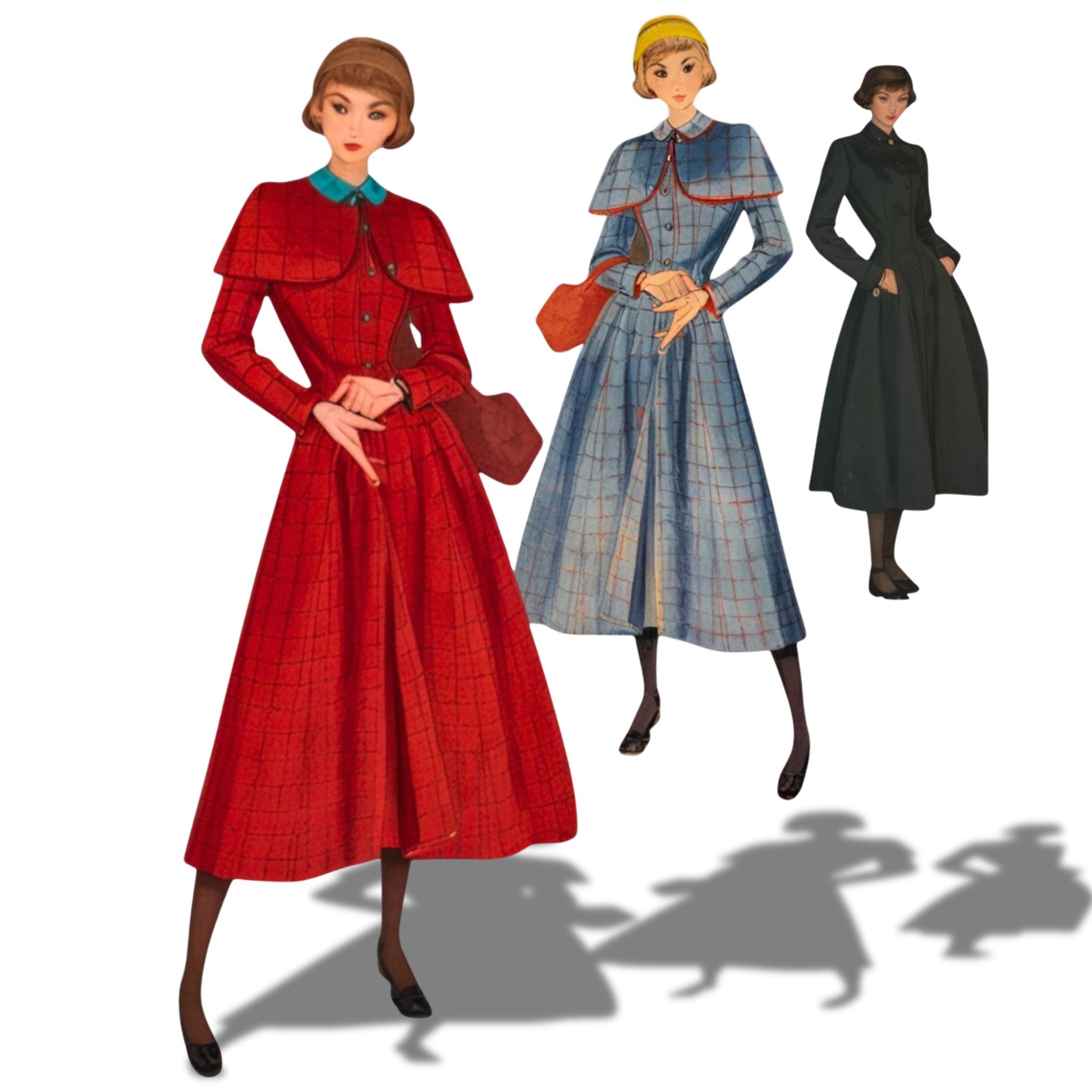 Three vintage-style women's dresses in red, blue, and black on a white background