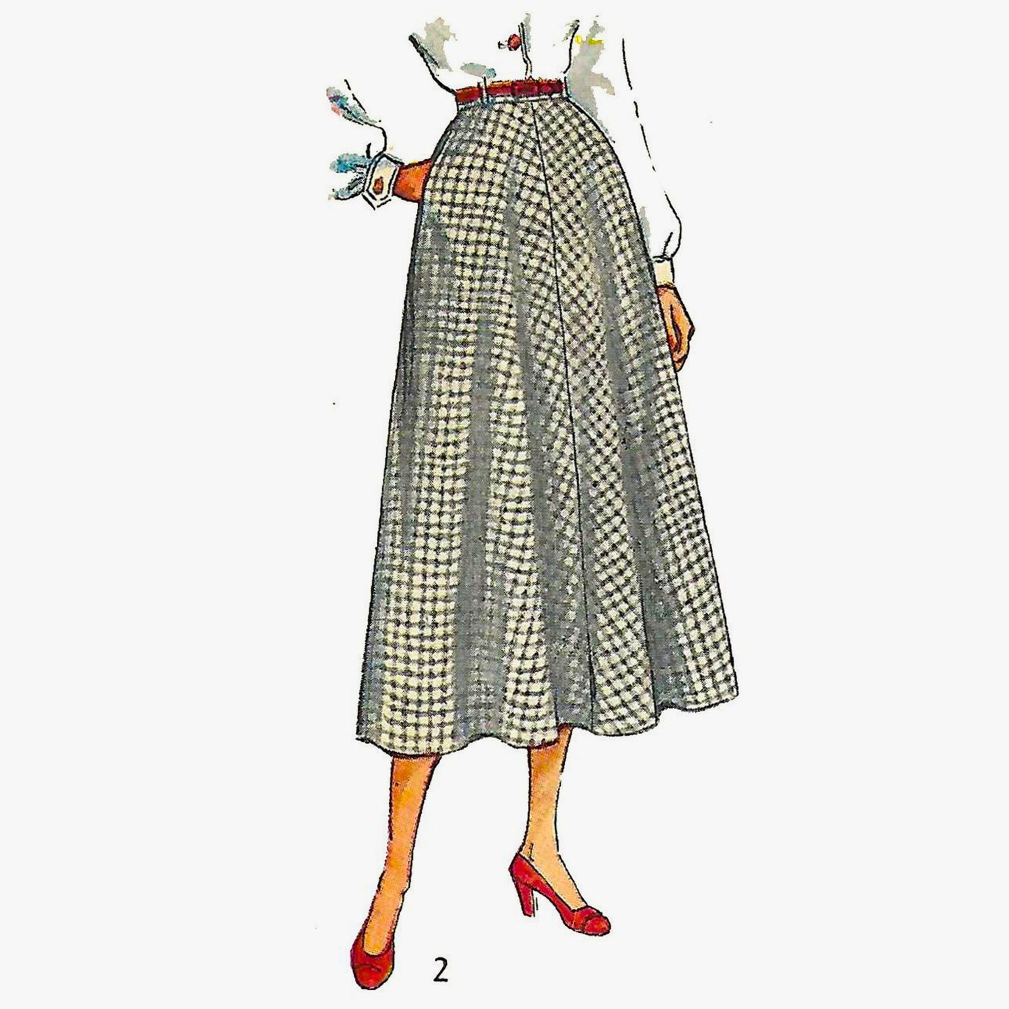 Illustration of a person wearing a plaid skirt with red shoes on a white background