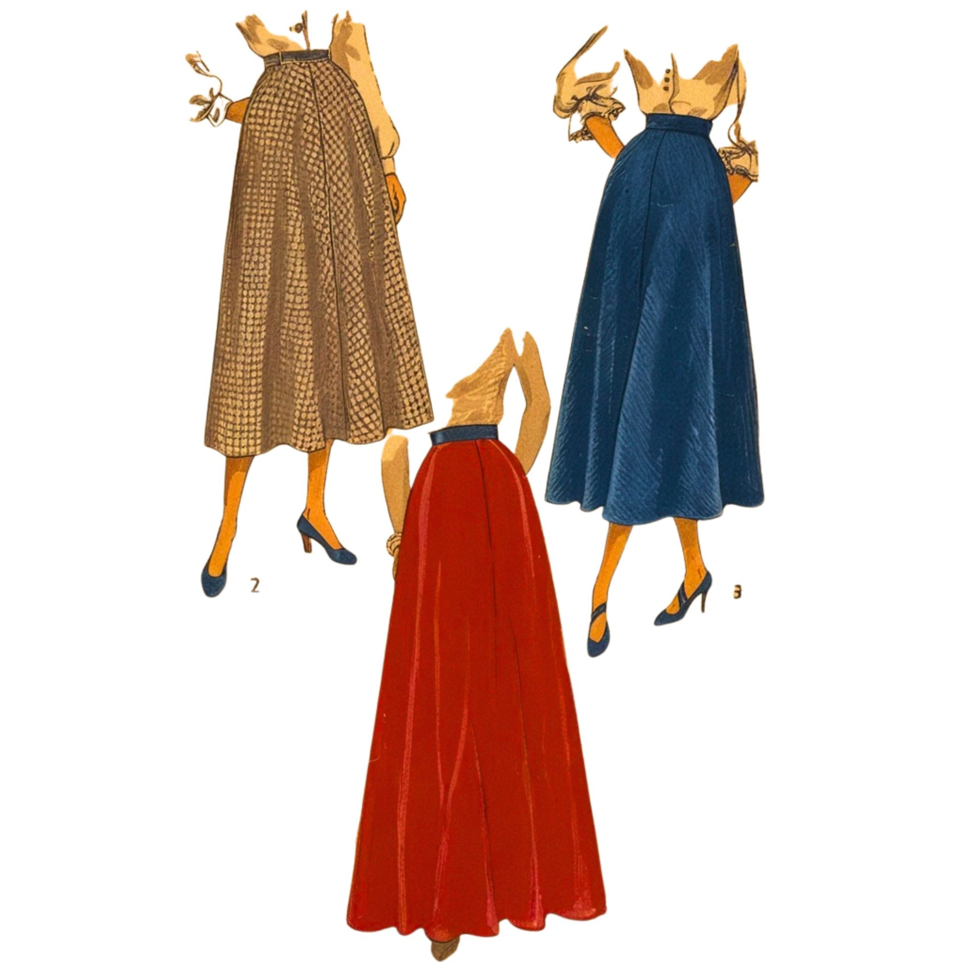 Three long dresses in brown, red, and blue  on a white background