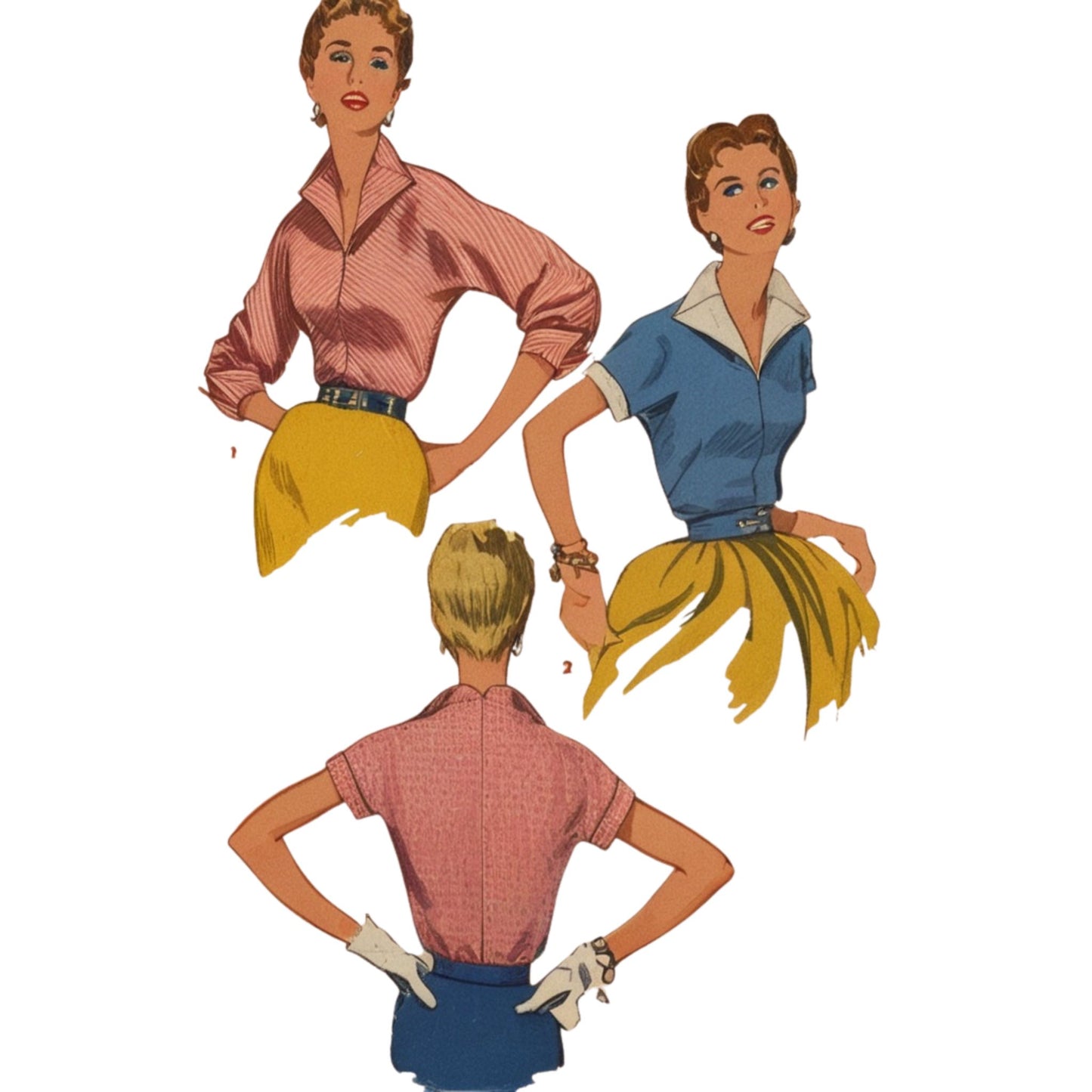 Models wearing blouse in two lengths made from Simplicity 2772 pattern