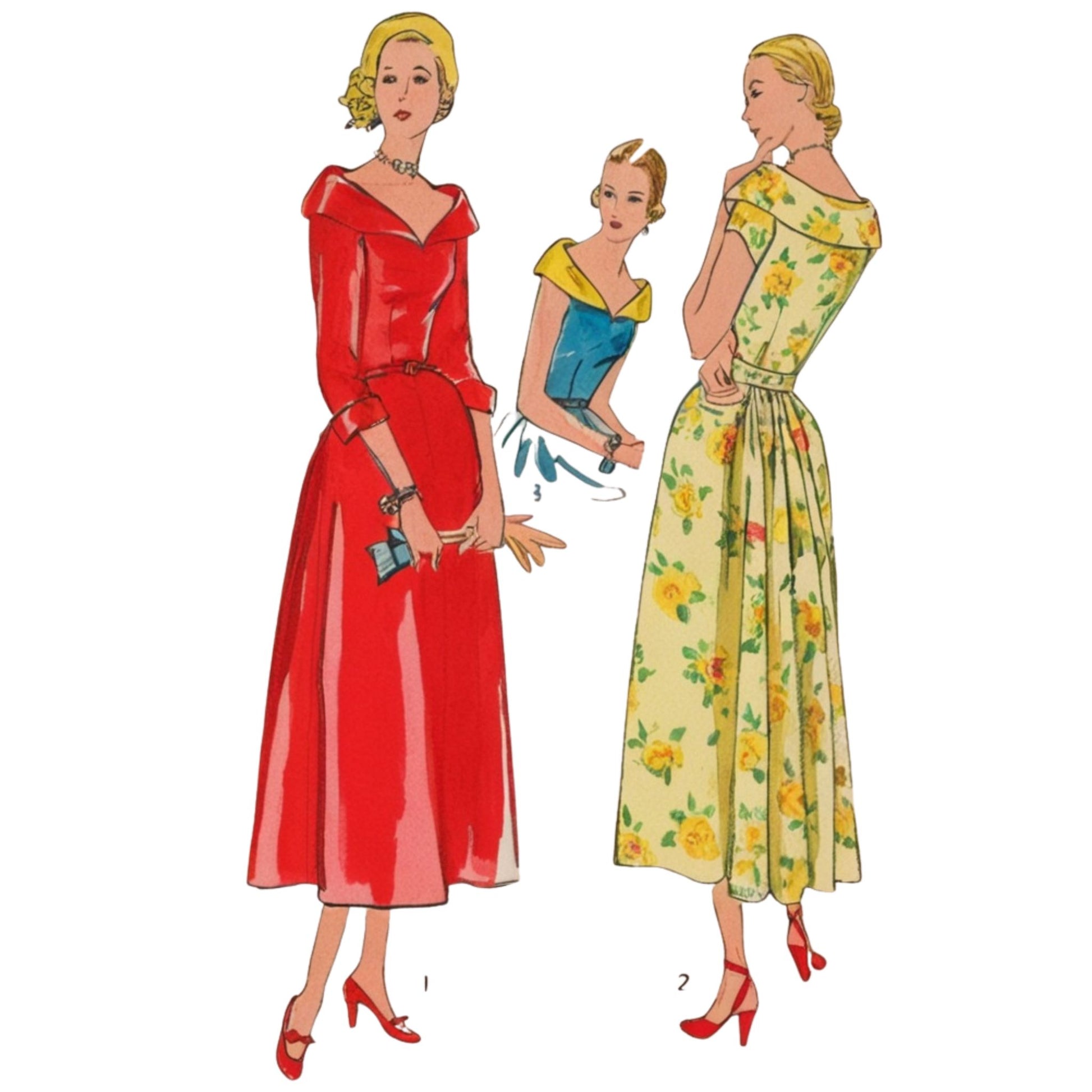 Vintage-style illustration of three women in different dresses on a white background