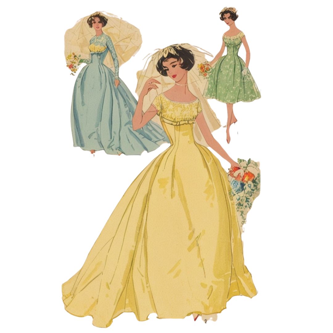 Vintage-style illustration of a woman in a yellow dress with two additional women in green and blue dresses.