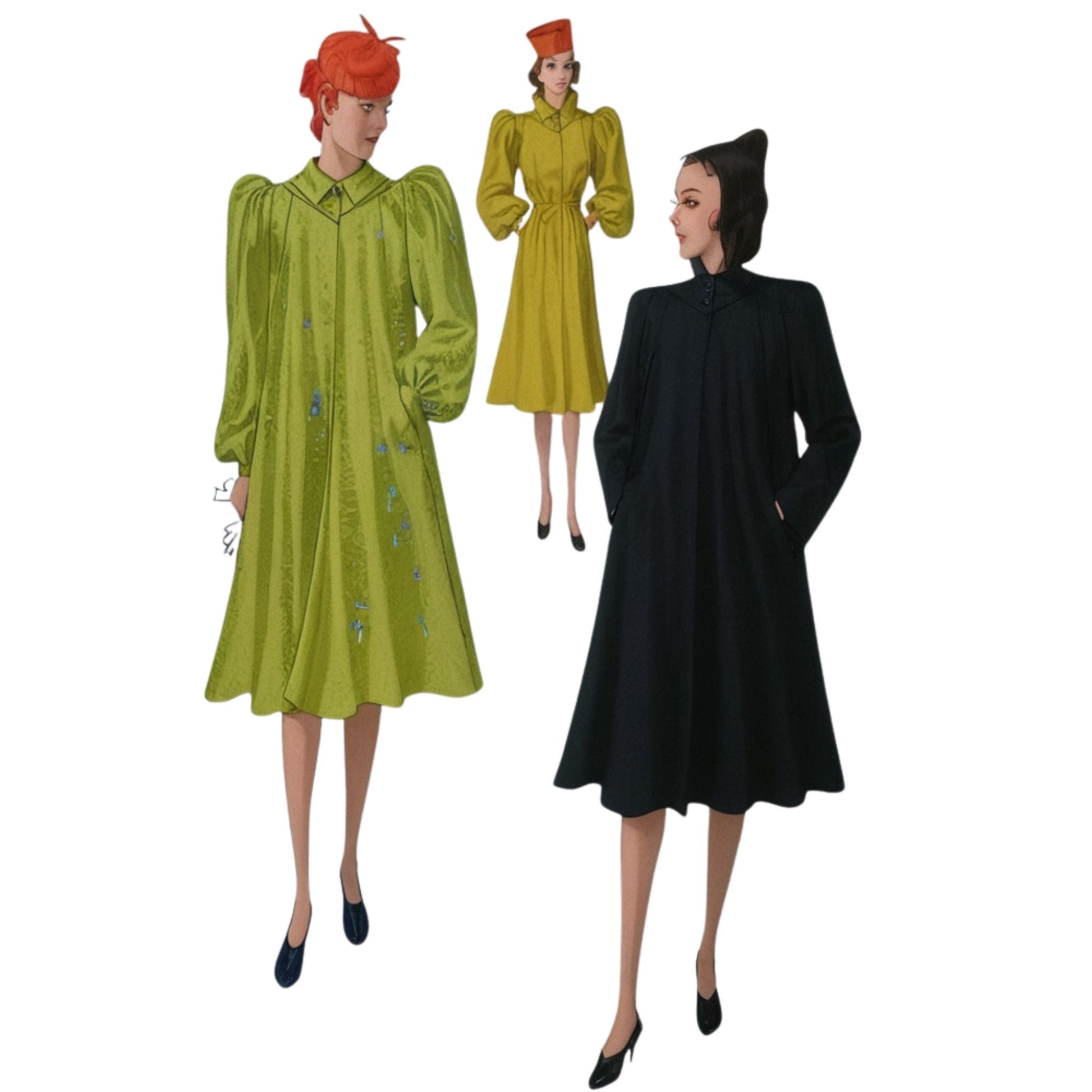 Two vintage-style women wearing coats against a white background