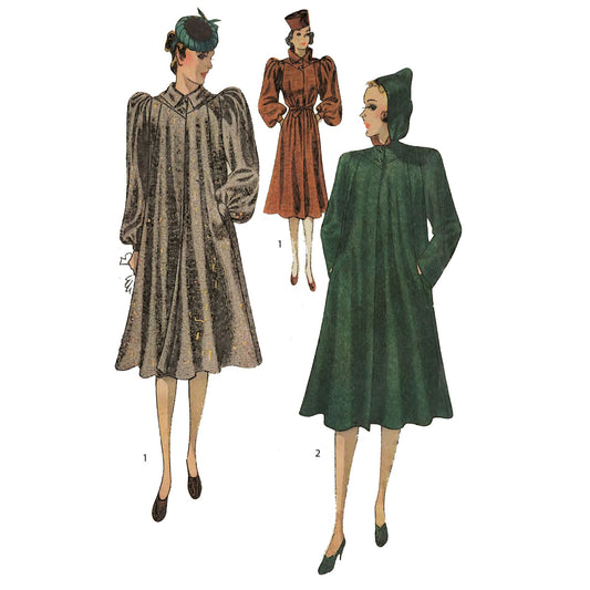 Women wearing coats with gathered sleeves and hood. Mase from Simplicity 3040 sewing pattern.
